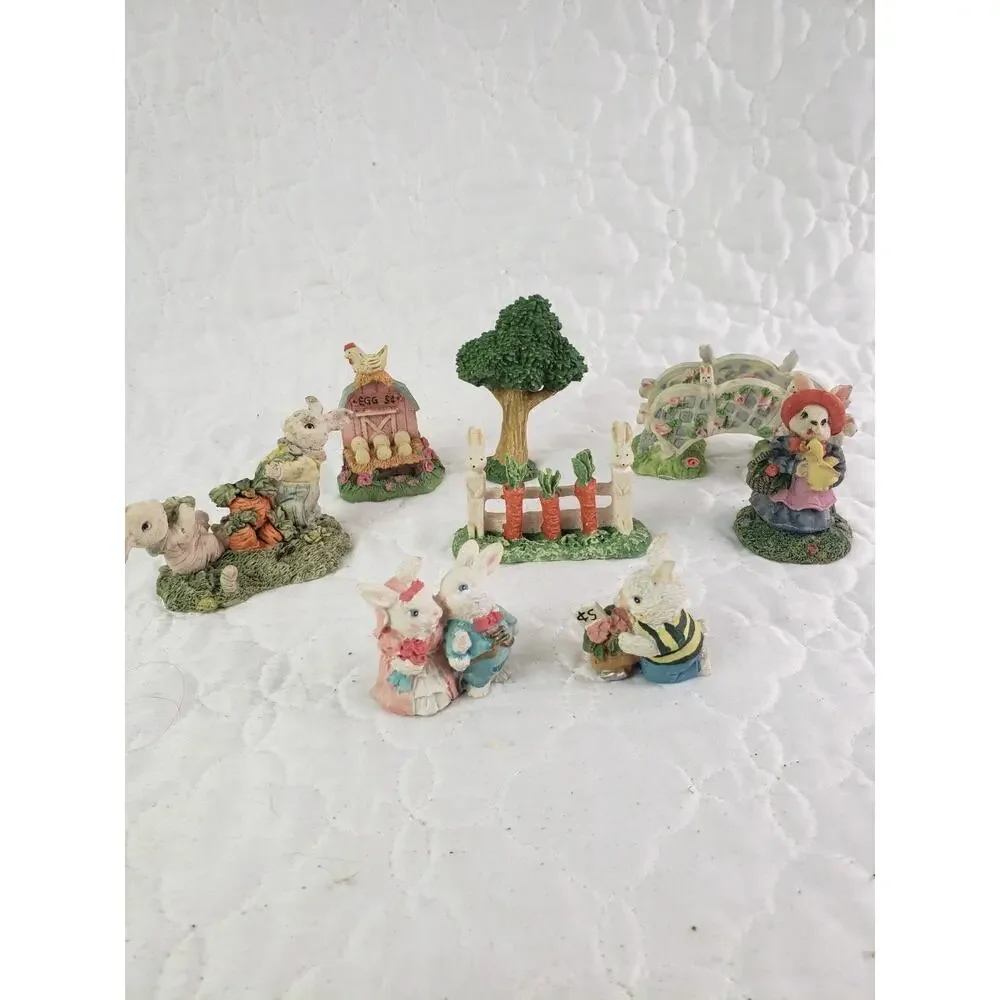 Vintage Easter Bunny Village Figurines Garden Accessories Spring Decor 8 Pcs